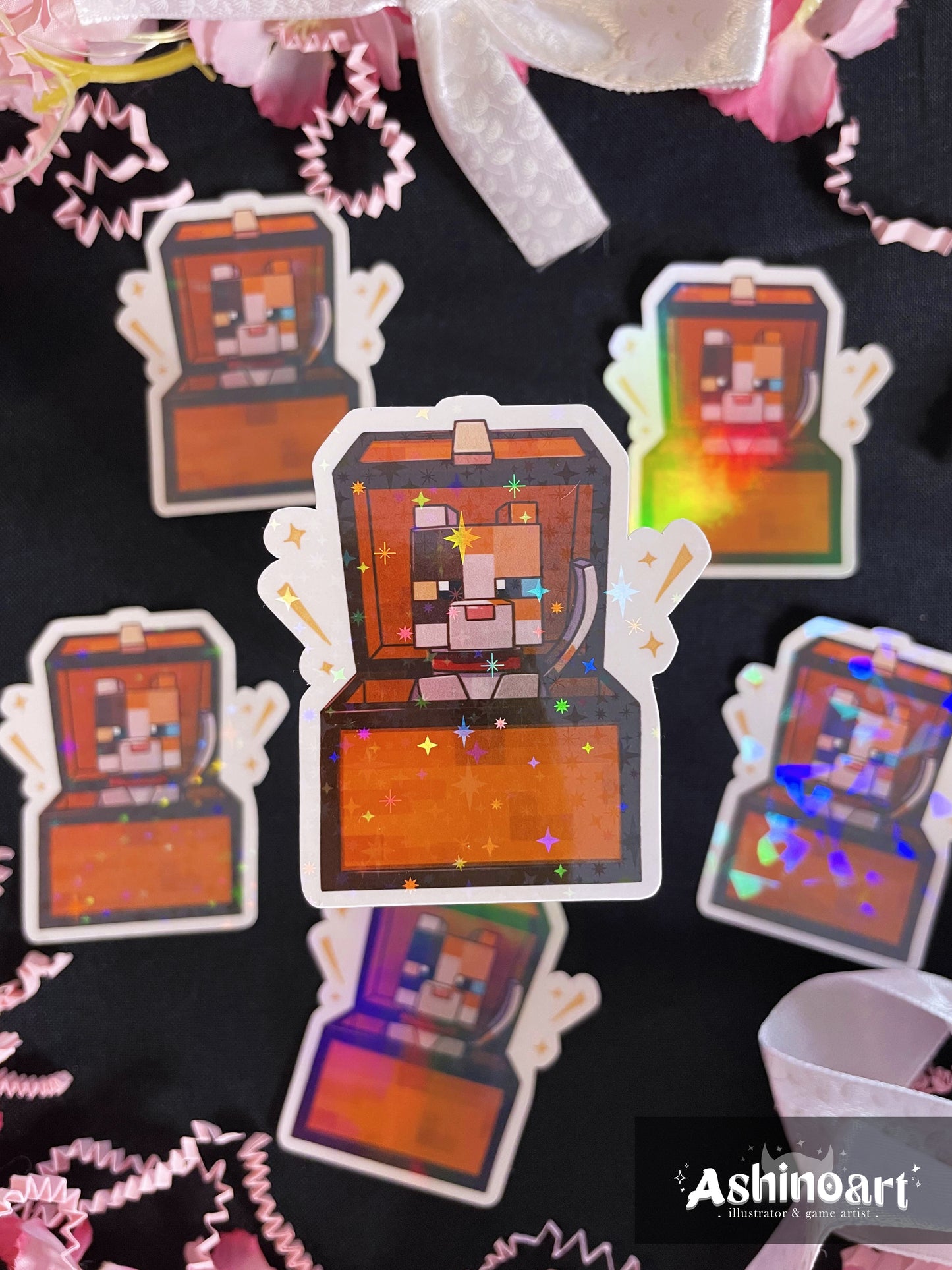 Sticker holographique d'un chat dans un coffre (Minecraft)